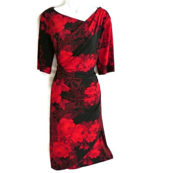 Vintage 90s Dress Asymmetrical Red Black Tulip Faux Wrap L - Picture 2 of 8